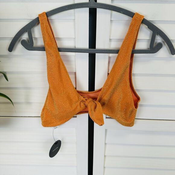 New Lulus Glittering Waters Orange Sparkly Tie Front Bikini Swim Top Size M - Picture 1 of 6